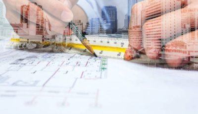 Double exposure engineer are measuring distance in drawing using pencil and ruler and city.