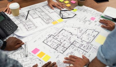 Closeup of multiethnic hands on blueprints at architects office. Team of designer and engineers working together on new residence complex. Top view of blue prints layout of house and buildings on wooden table.